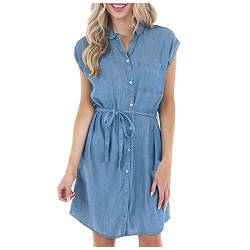 Ansenesna Jeanskleid Damen mit Knöpfen Sommer Knielang Elegant Hemdkleid Frauen A Linie Kurzarm Kleider Denim Sommerkleid mit Taschen von Ansenesna