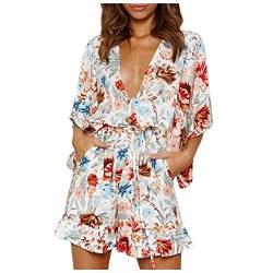 Ansenesna Jumpsuit Damen Blumen Boho Kurz Sommer Elegant Jumpsuits Onesie Frauen V Ausschnitt Rüschen Overall Culottes Kuschelig Dünn Playsuit Kurzarm Baggy Jumpsuits von Ansenesna