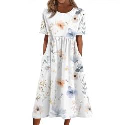 Ansenesna Sommerkleid Damen Blumen Midi Elegant Italienische Kleider Damen Sommer Vintage Luftige Sommerkleider mit Taschen Frauen Leicht Kurzarm Leichte Kleid Schößchen Locker Midikleider von Ansenesna