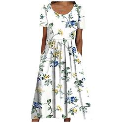 Ansenesna Sommerkleid Mit Ärmeln Damen Blumen Kleider Sommer Elegant Wadenlang Tunika Kleid Damen A Linie Luftige Sommerkleider Frauen Blumenmuster Leichte Damenkleider von Ansenesna