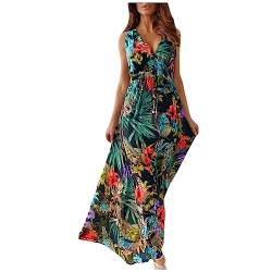 Ansenesna Strandkleid Damen Blumen Lang Leichte Sommerkleider Damen V Ausschnitt Elegant Kleider Frauen Sommer Hawaii Maxikleider Ärmellos Luftige Sommerkleid Blumenmuster von Ansenesna