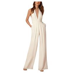 Overall Damen Festlich V Ausschnitt Jumpsuit Damen Elegant Für Hochzeit Jumpsuits Rückenfrei Overall Einteiler Damen Lang Weites Bein Hosenanzug Frauen Kuschelig Neckholder Ärmellos Onesie von Ansenesna