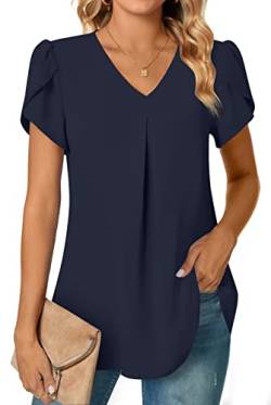 Anyally Chiffon-Blusen für Damen, V-Ausschnitt, kurzärmelig, Tunika, Tops für Leggings, lässige T-Shirts, Blütenblattärmel/Marineblau, 46 von Anyally