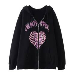 Aobiono Damen Herren Y2K Zip Up Oversized Hoodie Gothic Skelett Hohl Herz Grafik Emo Grunge Alt Baggy Fleece Jacke 90 Punk, Schwarz, L von Aobiono