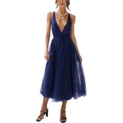 Damen Sommerkleid Maxi Hochzeit Gast Tüll Brautjungfer Abschlussball Cocktail Sommerkleid Abschlussfeier Prinzessin Mädchen formell elegant, blau, X-Groß von Aobiono