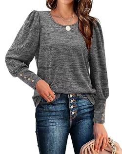 Aokosor Pullover Damen Rundhals Puffärmel Langarmshirts Casual Strickpullover mit Knöpfen Elegant Herbst Sweatshirt Oversize Oberteile Grau S von Aokosor