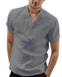 Leinenhemd Hemd Herren Sommer Shirt Kurzarm Hemden Männer Henley Freizeithemd Sommerhemd Casual Leicht Shirts Leinenshirt (DE/NL/SE/PL, Alphanumerisch, 3XL, Regular, Regular, Grau) von Aoouekul