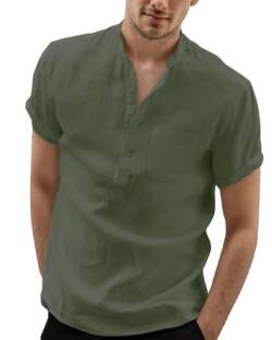 Leinenhemd Hemd Herren Sommer Shirt Kurzarm Hemden Männer Henley Freizeithemd Sommerhemd Casual Leicht Shirts Leinenshirt (DE/NL/SE/PL, Alphanumerisch, L, Regular, Regular, Armeegrün) von Aoouekul