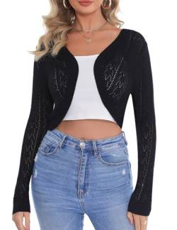 Aottori Damen Bolero Festliche Bolerojacke Langarm Elegant Strickjacke Kurz Sommer Cardigan Kurz Leichte Open Front Shrug für Hochzeit Schwarz L von Aottori