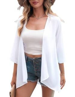 Aottori Damen Lang Chiffon Bolero Sommer Boho Leicht 3/4 Ärmel Cardigan Strickjacke Offene Front Strand Kimono Florale Beachwear Bikini Cover up Shawl Bluse Oberteil Tops Weiß-2 XL von Aottori