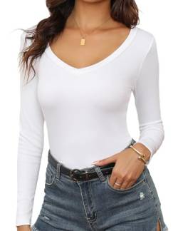 Aottori Damen Langarmshirt Stretch Pullover mit V Ausschnitt Gerippt T-Shirt Slim Fit Sexy Oberteile Langarm Baumwolle Tops Stretch Weiß XL von Aottori