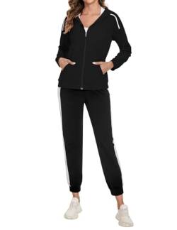 Aottori Hausanzug Damen Zweiteiler Freizeitanzug Kurzarm Gerippt Strickpullover mit Lange Hose Lounge Set Rundhalsausschnitt Freizeit Outfit Schwarz XL von Aottori