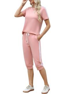 Aottori Jogginganzug Damen Set Rundhals Kurze Ärmel Trainingsanzug Zweiteiler Elegant Hausanzug Freizeitanzug Sportanzug 2 Teiler Sommer Outfits Rosa S von Aottori