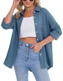 Aottori Musselin Bluse Damen Elegant 100% Baumwolle Longbluse Langarm Modern Oberteile Hemd Lose Langarmshirt Blusenshirt Hemdbluse Tuniken Tops Blau 2 XXL von Aottori