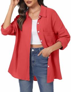 Aottori Musselin Bluse Damen Elegant 100% Baumwolle Longbluse Langarm Modern Oberteile Hemd Lose Langarmshirt Blusenshirt Hemdbluse Tuniken Tops Rot XXL von Aottori