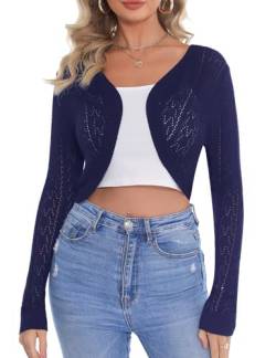 Aottori Strickjacken für Damen Kurz Bolero Elegant Festliche Cardigan Sommer Leicht Schulterjacke Langarm Brautjacke für Abendkleider Hochzeit Navyblau L von Aottori