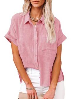 Damen Button-Down-Shirt, Baumwolle, kurzärmelig, Sommerblusen, V-Ausschnitt, Kragen, Leinen, Strand, lässiges Oberteil mit Brusttasche, B Rose Pink, Groß von Aoudery