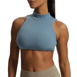 Aoxjox Damen Kim Cutout High Neck Tank Top Workout Sport BHs Fitness Gepolstert Training Gym BH Yoga Crop, Stahlblau, small von Aoxjox