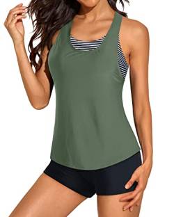 Aqua Eve 3-teiliger athletischer Tankini-Badeanzug für Frauen mit Schwimm-Tank-Tops mit Jungen-Shorts und Sport-BH, bescheidener Badeanzug, Armeegrün und Streifen, Medium von Aqua Eve