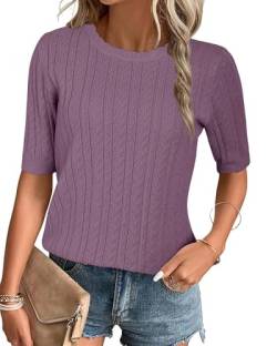 Arach&Cloz Damen Pullover Kurzarm Sommer Herbst Strick Shirt Casual Rundhals Bluse Tops(Grau Lila,L) von Arach&Cloz