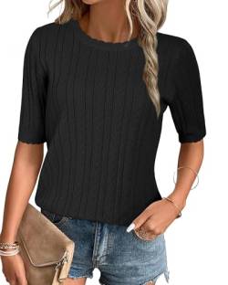 Arach&Cloz Damen Pullover Kurzarm Sommer Herbst Strick Shirt Casual Rundhals Bluse Tops(Schwarz,M) von Arach&Cloz