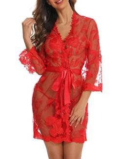 Aranmei Damen Spitze Kimono Robe Floral Babydoll Braut Dessous Mesh Nachthemd, rot, 48, XXL von Aranmei