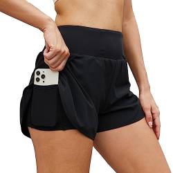 Arcweg 2 in 1 Laufhose Damen Sport Shorts Sommer Elastisch Schnelltrocknende Running Shorts für Sommer Yoga Fitness Joggen Gym Training mit Innenslip und Reißverschlusstasche Schwarz 2XL（EU） von Arcweg