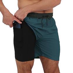 Arcweg Badehose für Herren mit Kompression Liner 2 in 1 Atmungsaktiv Badeshorts Männer Elastisch Trainingsshorts Verstellbar Tunnelzug mit Reißverschlusstaschen Schwarz+Dunkelgrün XXL（EU） von Arcweg