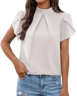 Arevill Bluse Damen Kurzarm Tunika Sommer Stehkragen Chiffon Oberteile Tops Lässig Plissee Tops Blusen Elegant Shirt Rüschen Trim Frauen Hemd Einfarbig von Arevill