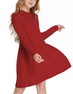 Arshiner Kleider Mädchen PulloverKleid Herbst Winter Kleid Langarm Strickkleid Weihnachtskleid Flare Skater Kleid A-Linie Einfarbig Basic Kinder Freizeitkleid Rot 150 von Arshiner