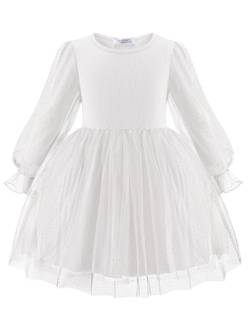 Arshiner Mädchen Kleider Tüll Spleißen Quasten Langarmkleid Kinder Laternen Ärmel A-Linie Rundhals Partykleid Festliche Freizeitkleid Herbst Winter Elegant Kleid für Mädchen 6-7 Jahre Weiß von Arshiner