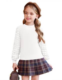 Arshiner Mädchen Langarmshirt Blasen Ärmel Pullover Kinder Baumwolle Rundhals Oberteile Langarm Freizeit Mode Strickpullover Herbst Winter Elegant Shirt für Mädchen 10-11 Jahre Weiß von Arshiner