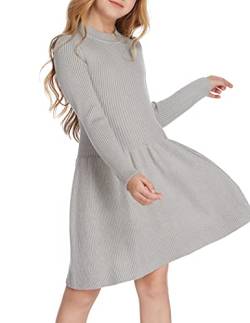 Arshiner Mädchen Pullover Kleid Herbst Winter Kleid Langarm Strickkleid Flare Skater Kleid A-Linie Einfarbig Basic Kinder Freizeitkleid Hellgrau 140 von Arshiner