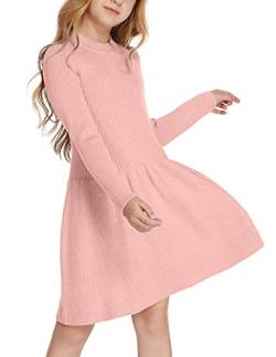 Arshiner Mädchen Pullover Kleid Herbst Winter Kleid Langarm Strickkleid Flare Skater Kleid A-Linie Einfarbig Basic Kinder Freizeitkleid Rosa 160 von Arshiner