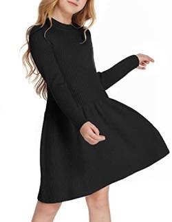 Arshiner Mädchen Pullover Kleid Herbst Winter Kleid Langarm Strickkleid Flare Skater Kleid A-Linie Einfarbig Basic Kinder Freizeitkleid Schwarz 130 von Arshiner