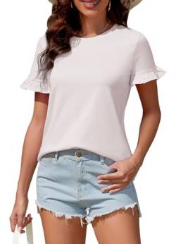 ArtJuly Damen Tshirt Elegant Sommer Rundhals Oberteile Rüschen Shirt Weißes T-Shirt Damen Atmungsaktiv Blusenshirt Damen Kurzarm Bluse Lässige Tunika Tops,Helles Weiss,XL von ArtJuly