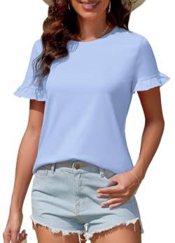 ArtJuly Shirt Damen Sommer Einfarbig T-Shirts für Damen Elegant Rundhals Oberteile Tunika Top Lässig Sommer Tshirt Damen mit Rüschen Blusenshirt Damen Bluse Kurzarm,Hellblau,S von ArtJuly