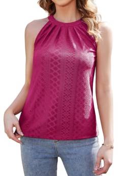 ArtJuly Tank Top Damen Rot Rundhals Neckholder Top Sommer Sexy Trägertop Ärmellose Top Damen Elegant Oberteile Shirts Plissee Blusentop Slim Fit Shirt Tops für Damen Tanktops Frauen,Rosenrot,S von ArtJuly