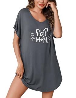 Aseniza Nachthemd Damen Kurzarm Schlafshirt Baumwolle Schlafhemd Sommer Nachtwäsche Große Größen Sleepshirt Nachtkleid mit Taschen,Cat-Grau,XL von Aseniza