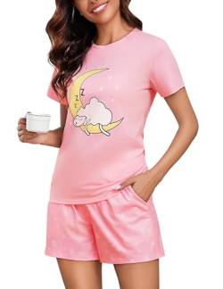Aseniza Schlafanzug Damen Kurz Pyjama Baumwolle Shorty Set Kurzarm Nachtwäsche Frauen Loungewear Zweiteiliger Schlafanzüge Sleepwear für Sommer Rosa，L von Aseniza
