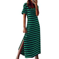 Damen Streifen Maxikleid Kurzarm V-Ausschnitt Sommer Maxi Kleid Lockeres Freizeitkleid Lässiges Strandkleid Sommerkleid Strand Split Loose Bohemian Schlitz T-Shirt-Kleid Casualkleid (1A-Green, XL) von Ashleyzj