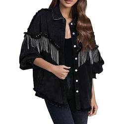 Jeansjacke Damen Schwarz Jacke Elegant üBergangsjacke Glitzer Jacke Rhinestones Fransen Knöpfen Jeansjacke Konzert Outfits Langarm Quasten College Party Leichte Jacken Bomberjacke Sommerjacken von Ashleyzj