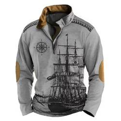 Pullover Herren V Ausschnitt Herren Vintage Patchwork Cowboy Sweatshirt Langarm 1/4 Knopf Stehkragen Western Pullover Hoodie Top Ohne Kapuze Lässiges Poloshirt V-Ausschnitt Shirt Streetwear Casual von Asija