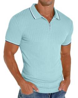 Askdeer Poloshirt mit Reißverschluss für Herren, schmale Passform, lässig, Stretch, Rippstrick, Reißverschluss, B01 Sky Blue White Navy, Klein von Askdeer