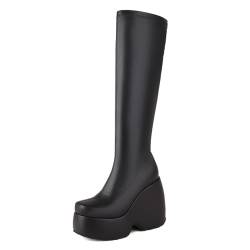 Asterisco Damen Keilabsatz Kniehohe Stiefel mit Plateau Höhe Ferse Stiefel Runde Zehen Ohne Verschluss Stretch Stiefel, C89216Hl Schwarz Gr 37 EU/38Cn von Asterisco