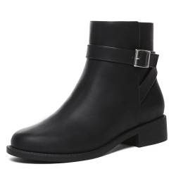 Athlefit Damen-Stiefeletten, klobig, niedriger Absatz, modisch, runder Zehenbereich, seitlicher Reißverschluss, Schnalle, Schwarz, 42 EU von Athlefit