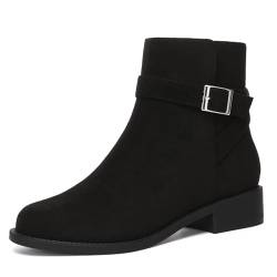 Athlefit Damen-Stiefeletten, klobig, niedriger Absatz, modisch, runder Zehenbereich, seitlicher Reißverschluss, Schnalle, Schwarzes Wildleder, 42 EU von Athlefit