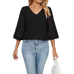 Atxnn Damen Bluse 3/4 Arm Chiffon Kurze Oberteile Elegant Sommer Shirts Tunika Falten V-Ausschnitt Tops Casual Locker Hemd Streetwear von Atxnn