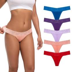 Auithery Tangas für Frauen Sexy Spitzen-Baumwollslips Bauchkontrolle G-String Tanga Hohe Taille Unterwäsche Blau Lila Rot Violett Pfirsich Größe S Packung mit 5 von Auithery