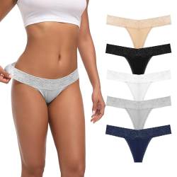 Auithery Tangas für Frauen Sexy Spitzen-Baumwollslips Bauchkontrolle G-String Tanga Hohe Taille Unterwäsche Schwarz Weiß Marineblau Grau Beige Größe S Packung mit 5 von Auithery